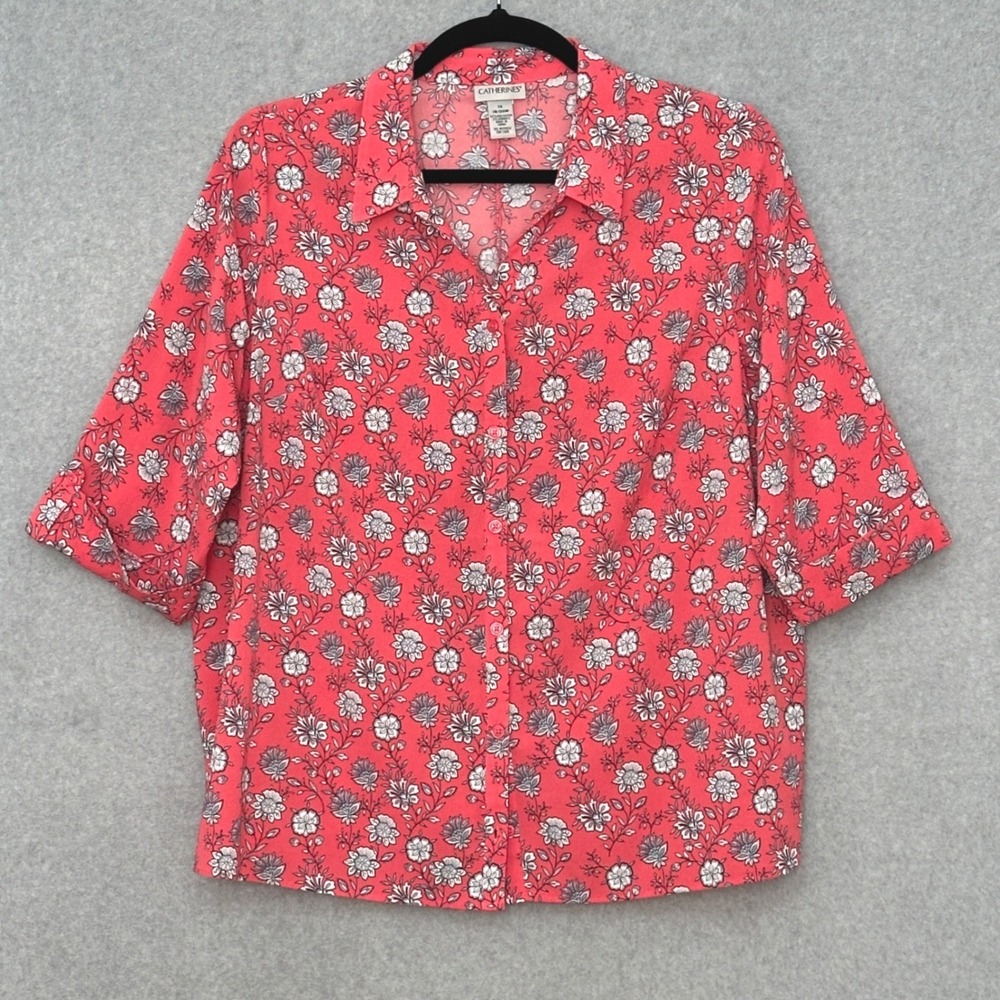 Catherines Womens Top Plus 1X Rosey Pink Floral Button Up Lightweight Comfort